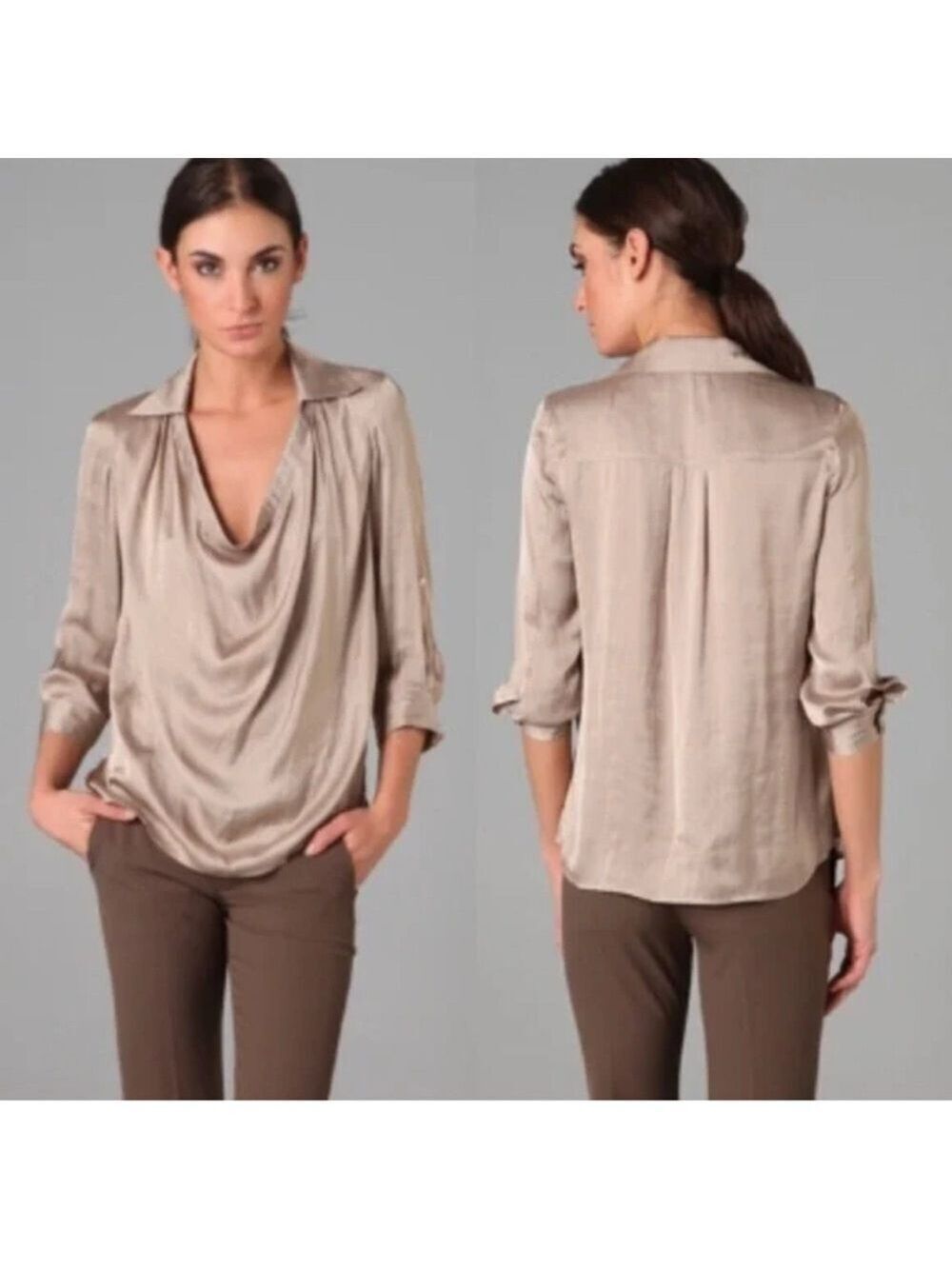 Vince satin Cowl Neck metallic taupe holiday gold Blouse size 6